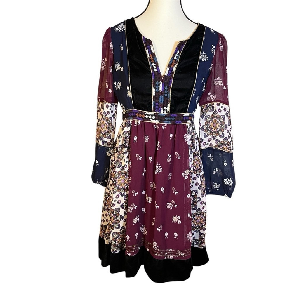 Anthropologie Maeve Quartier Latin Embroidered Velvet Patchwork Dress Size XS